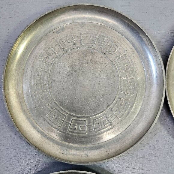 Set Of 4 Vintage Pewter Coasters With Greek Key Design - Picture 3 of 7